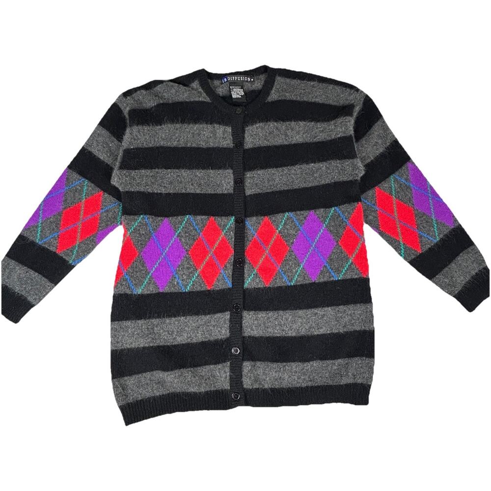 Vintage Cardigan Size S Gray Black Red Argyle 80's